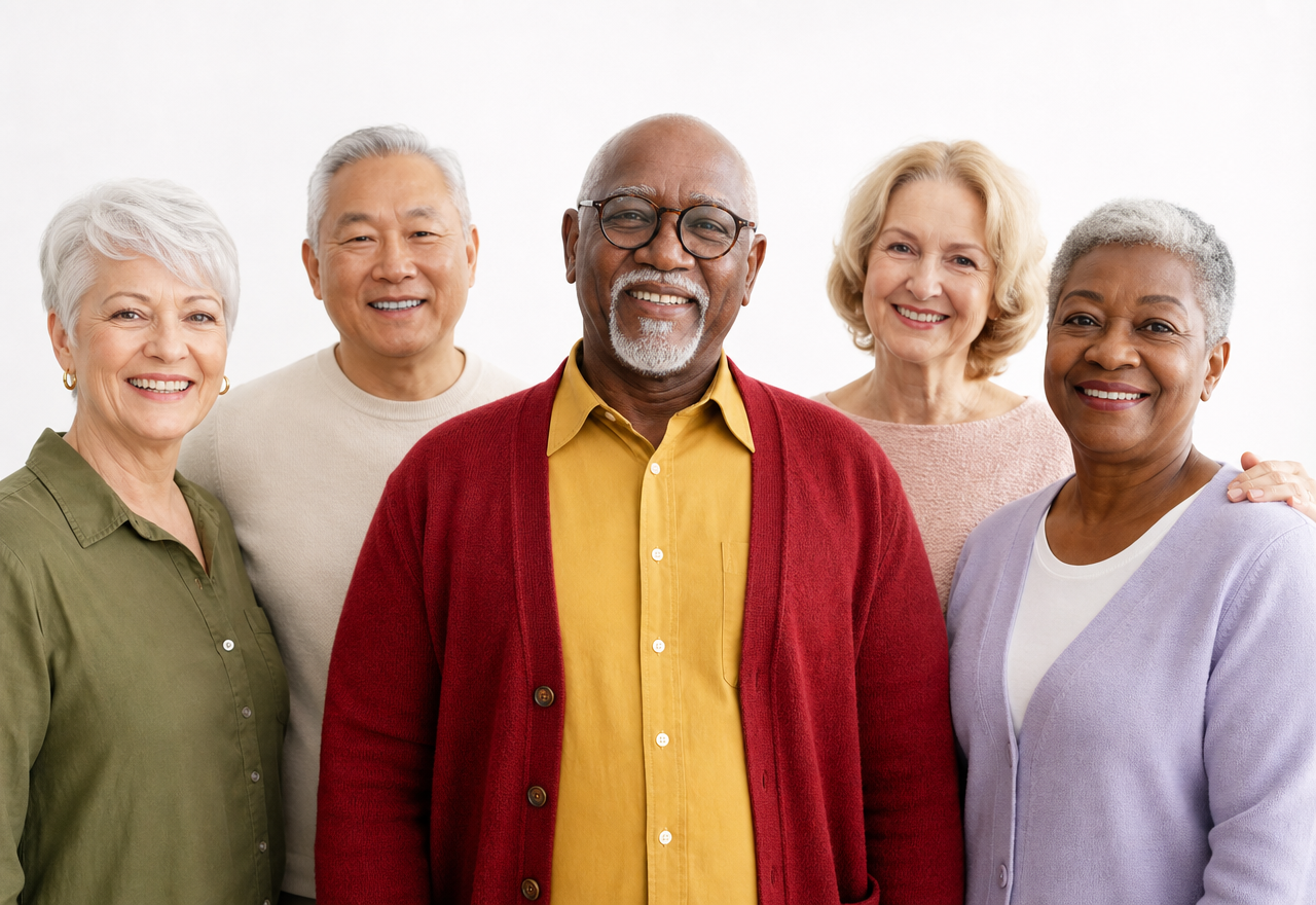 A group of smiling older adults enjoying time together